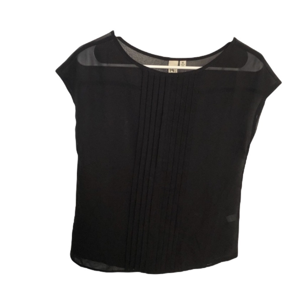 14th & Union Women's Size XS‎ Cap Sleeve Blouse Black Sheer Pleated Crewneck